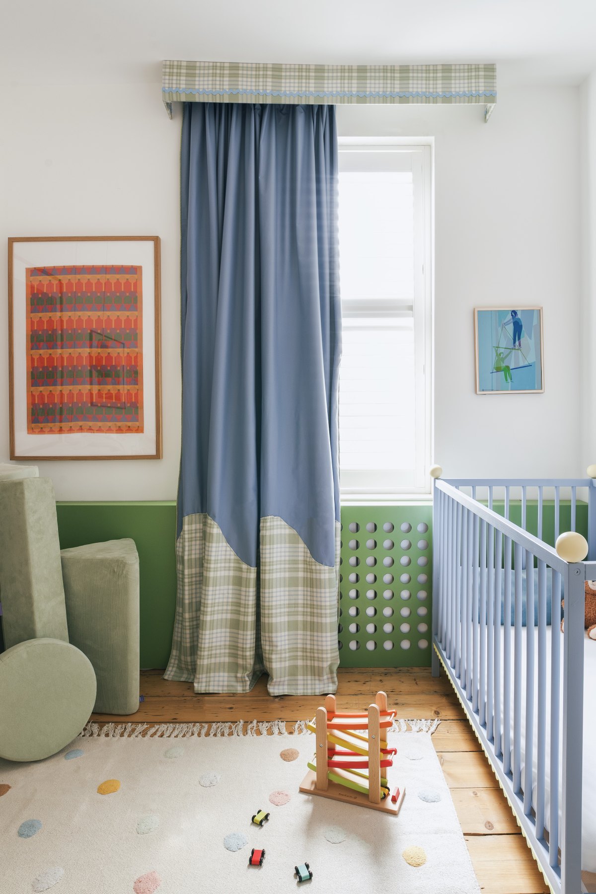 Radiator Cover, Framed Yinka Ilori tea towel, Pretty Pegs cot